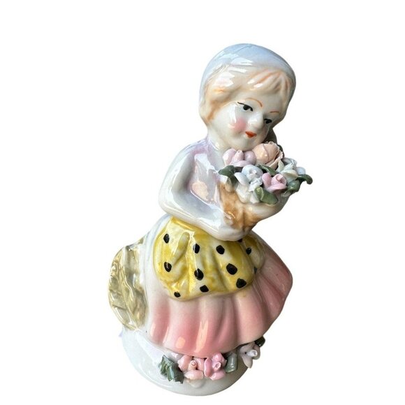 VTG 1960s Figurine 5.5" Blonde Girl Roses Flower Bouquet Glazed Porcelain Dress - Picture 2 of 8